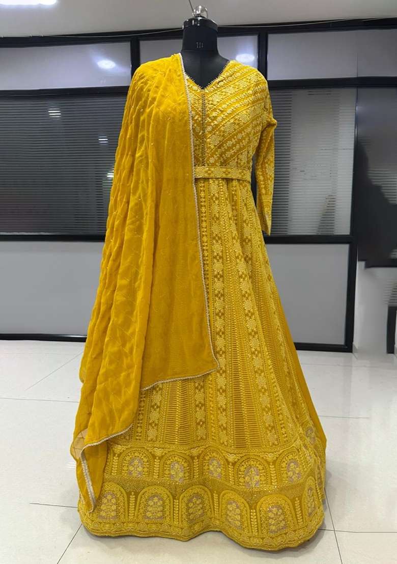 yellow Zari Work Georgette Anarkali With Dupatta - Indya