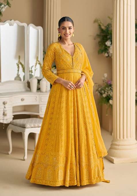 yellow Zari Work Georgette Anarkali With Dupatta