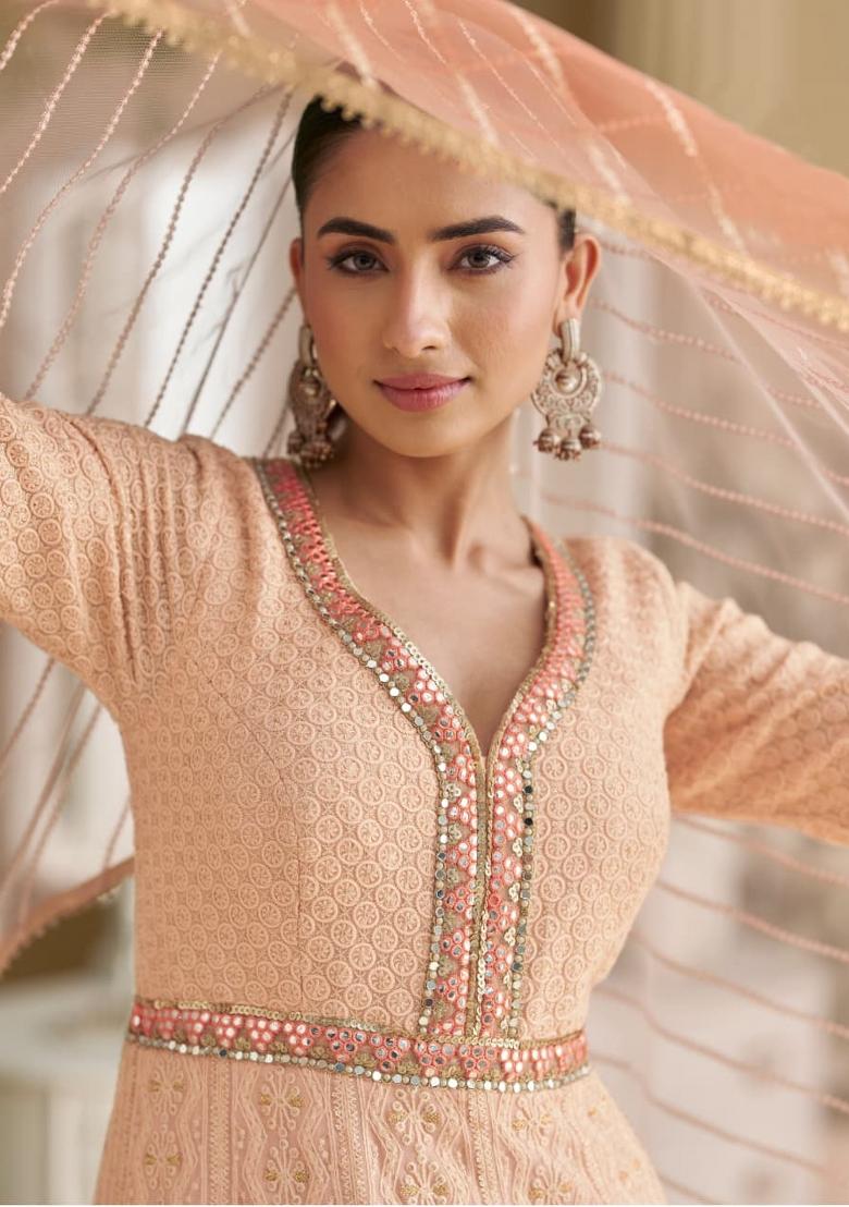 peach Zari Work Georgette Anarkali With Dupatta - Indya