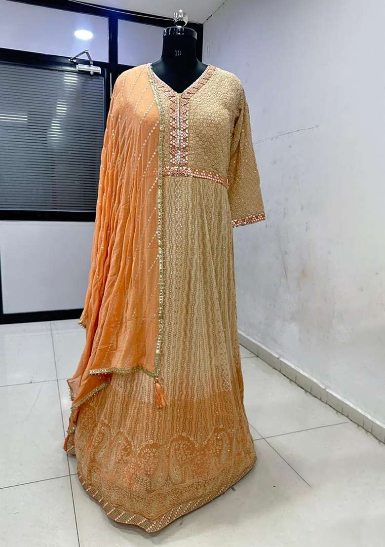 peach Zari Work Georgette Anarkali With Dupatta - Indya