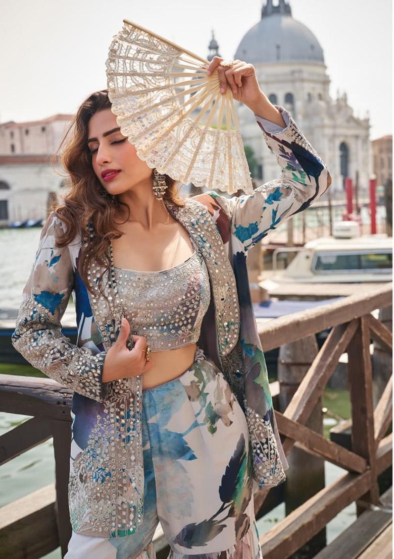 navy blue Zari Work Silk Indo Western Set - Indya