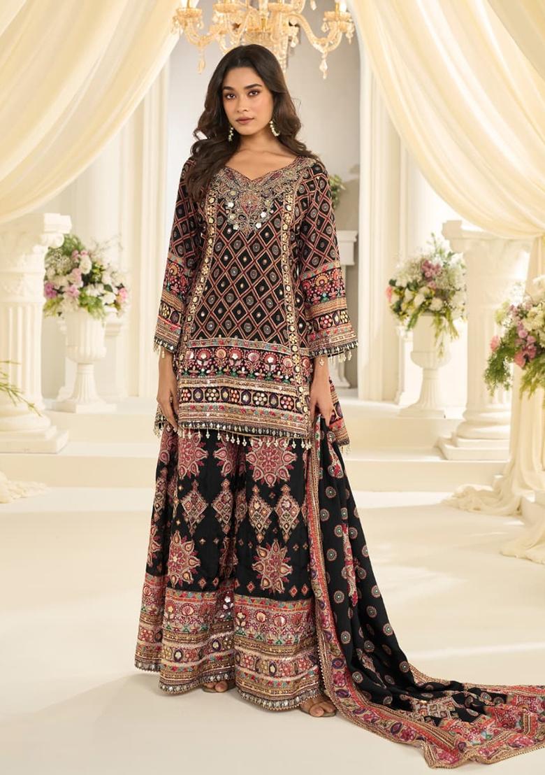black Zari Work Crepe Salwar Kameez - Indya
