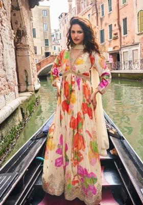 white Zari Work Silk Anarkali With Dupatta