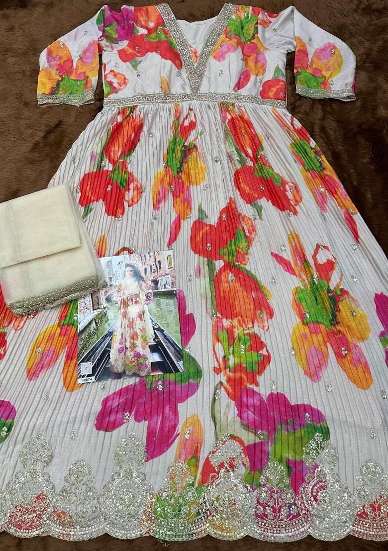 white Zari Work Silk Blend Anarkali With Dupatta - Indya
