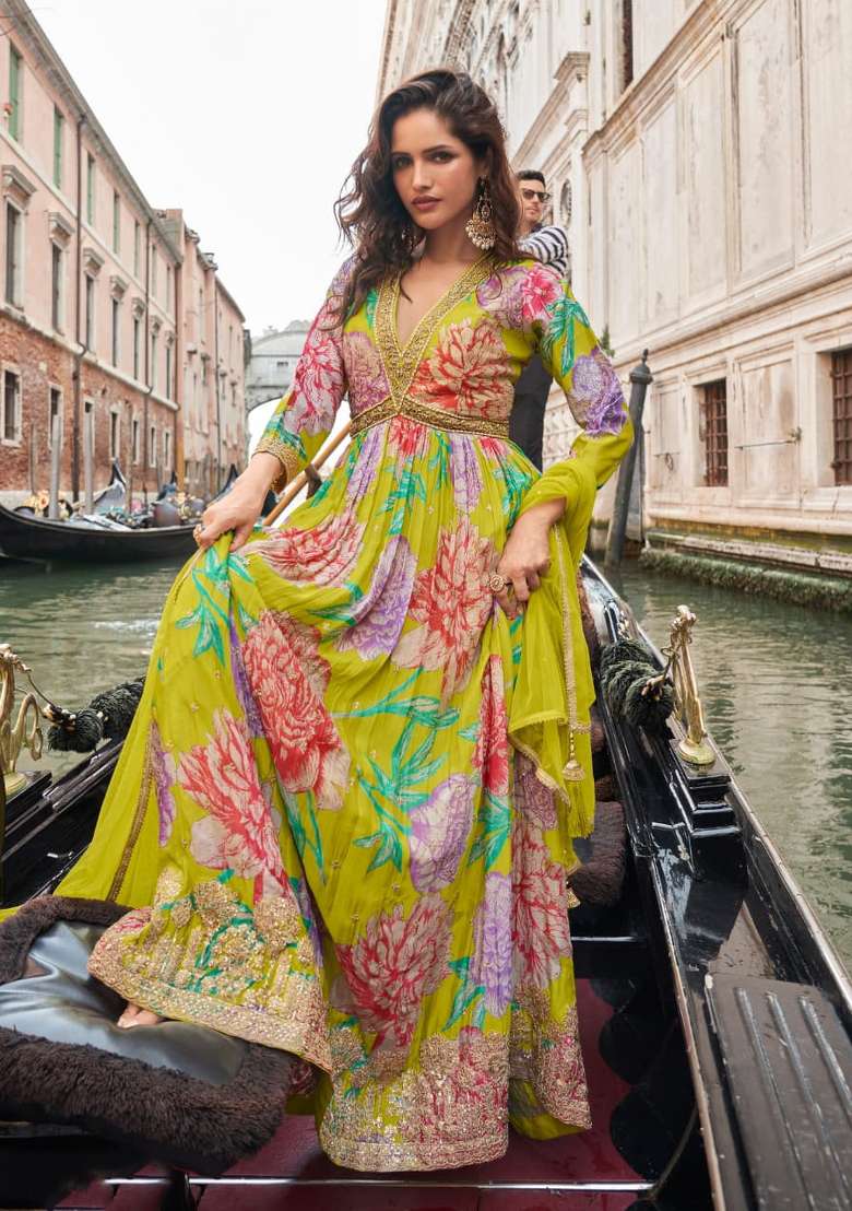 mustard Zari Work Silk Blend Anarkali With Dupatta - Indya
