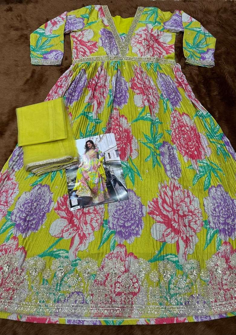 mustard Zari Work Silk Blend Anarkali With Dupatta - Indya