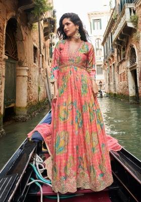 pink Zari Work Silk Blend Anarkali With Dupatta