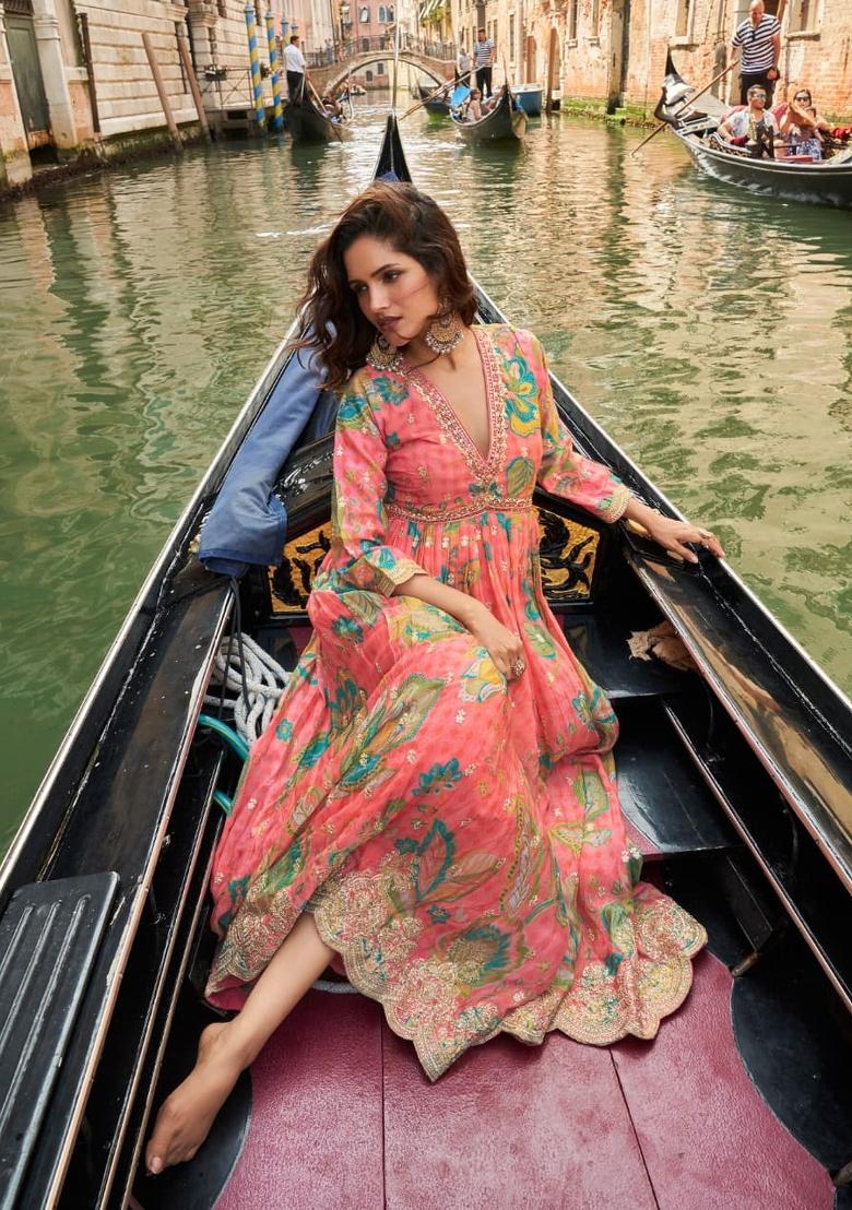 pink Zari Work Silk Blend Anarkali With Dupatta - Indya
