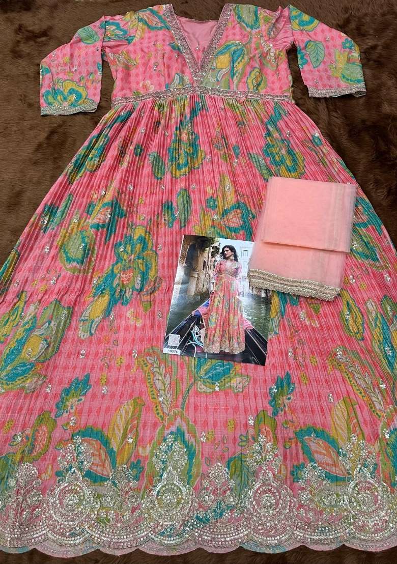 pink Zari Work Silk Blend Anarkali With Dupatta - Indya