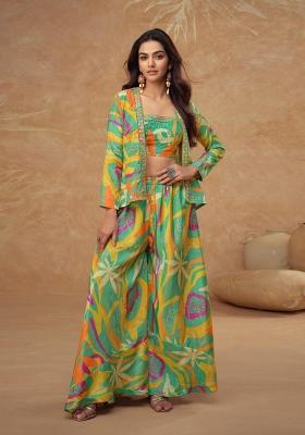 parrot green Zari Work Silk Indo Western Set