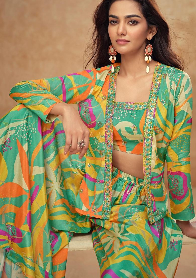 parrot green Zari Work Silk Indo Western Set - Indya