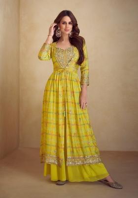 yellow Zari Work Silk Indo Western Set