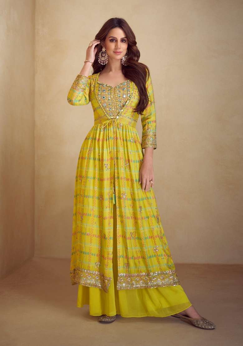 yellow Zari Work Silk Indo Western Set - Indya