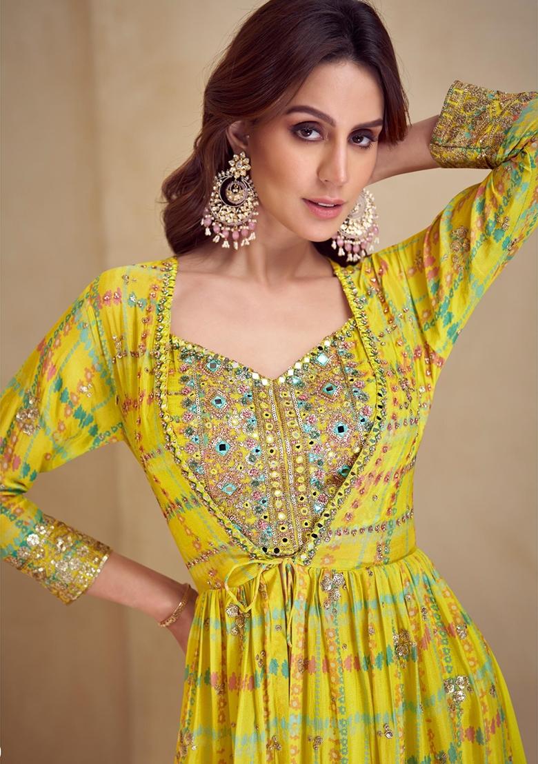 yellow Zari Work Silk Indo Western Set - Indya