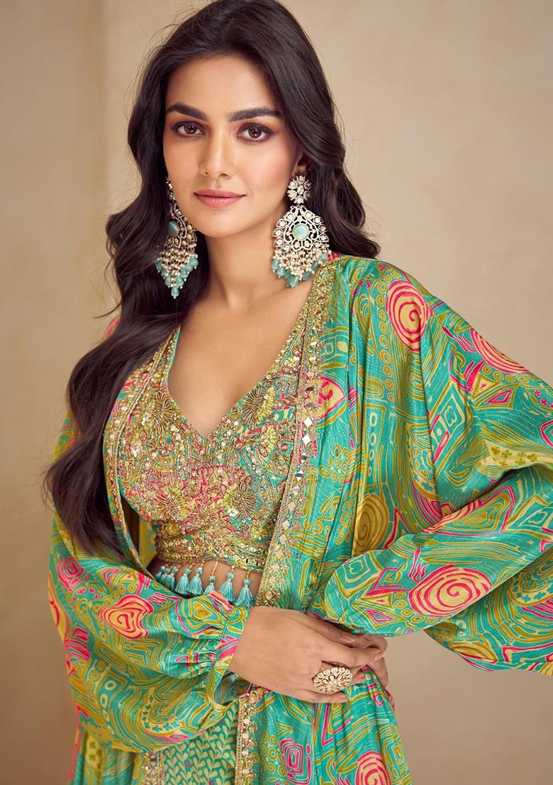 green Zari Work Silk Indo Western Set - Indya