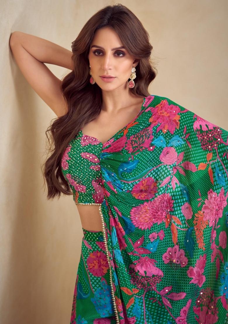 dark green Zari Work Silk Indo Western Set - Indya