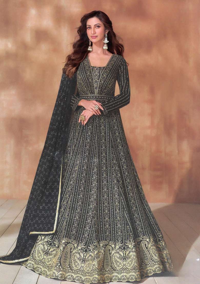 black Zari Work Georgette Anarkali With Dupatta - Indya