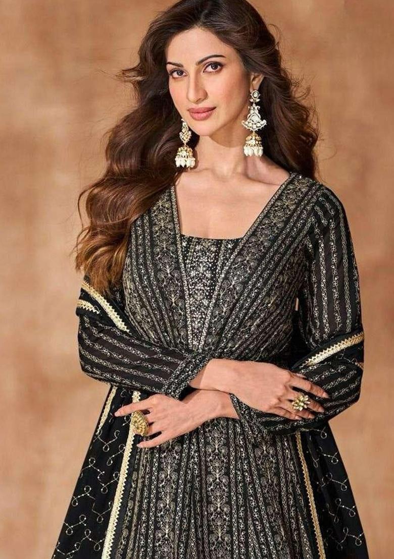 black Zari Work Georgette Anarkali With Dupatta - Indya