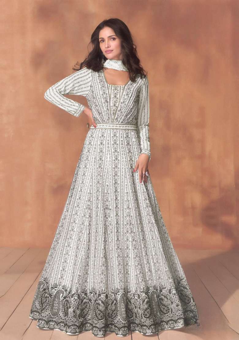 white Zari Work Georgette Anarkali With Dupatta - Indya