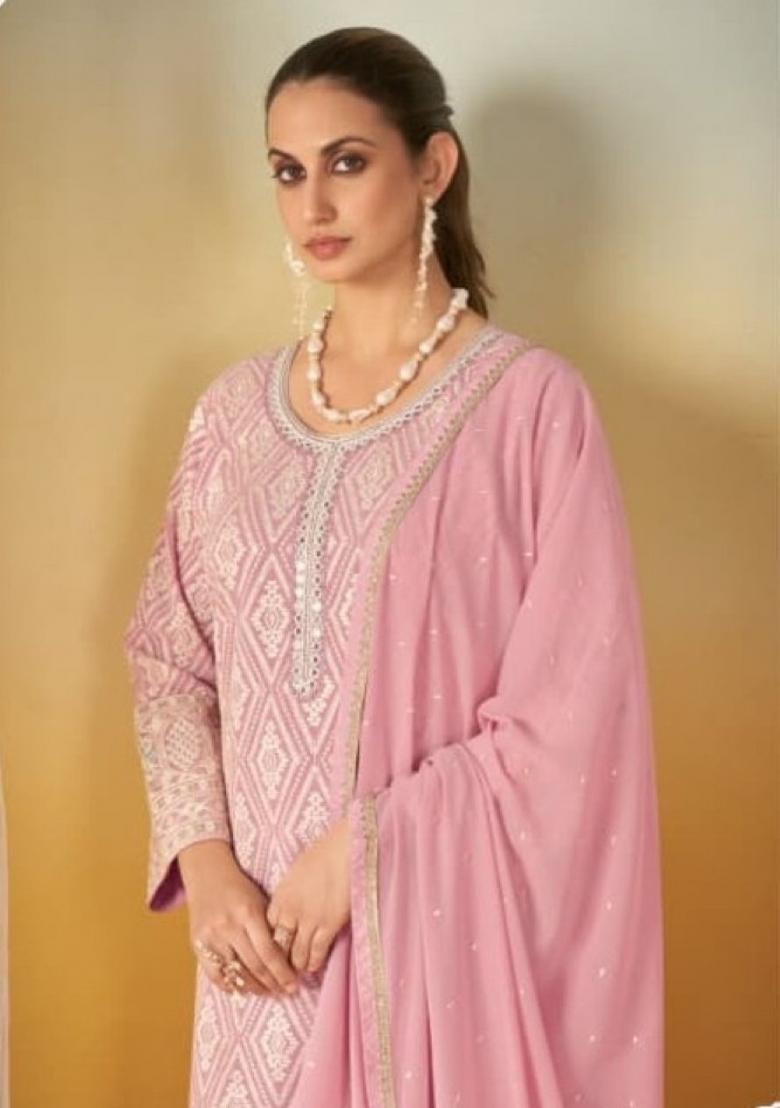 pink Zari Work Georgette Salwar Kameez - Indya