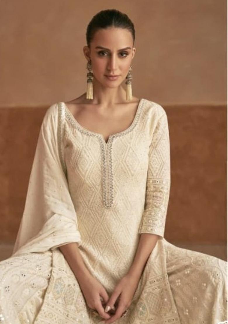 cream Zari Work Georgette Salwar Kameez - Indya