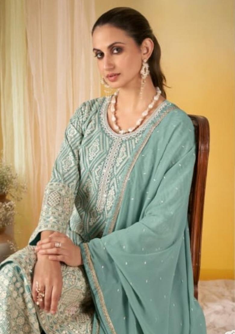 sky blue Zari Work Georgette Salwar Kameez - Indya