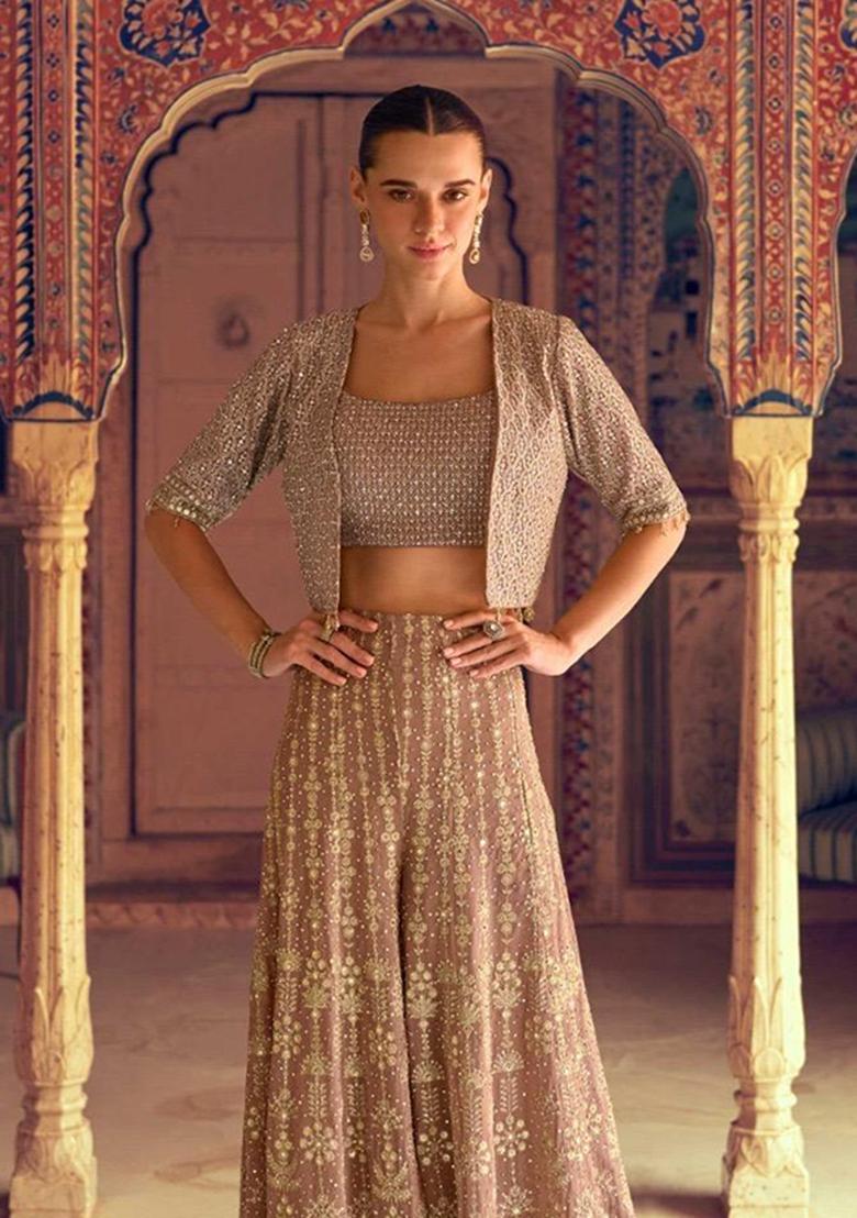 brown Zari Work Georgette Indo Western Set - Indya