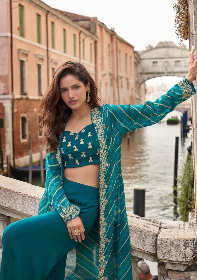 emerald Zari Work Silk Indo Western Set - Indya