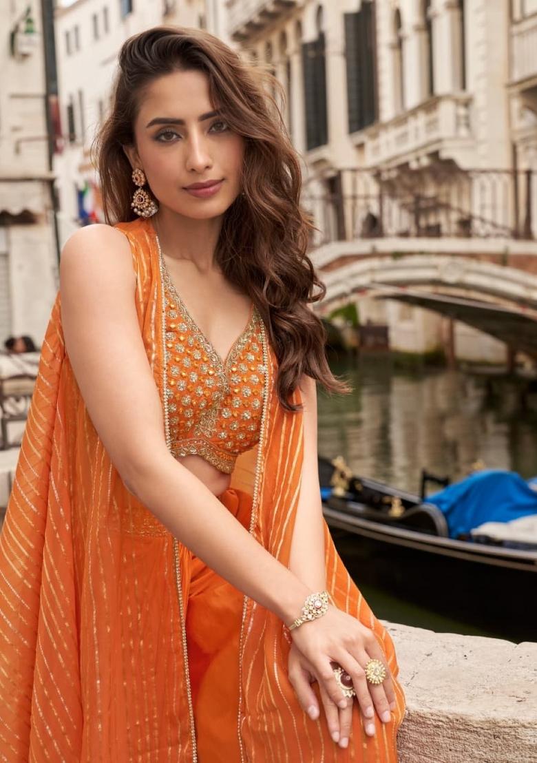 orange Zari Work Silk Indo Western Set - Indya