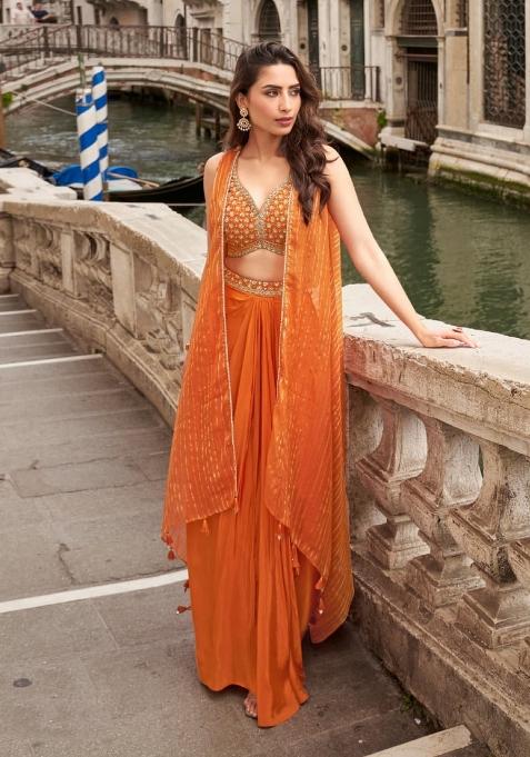 orange Zari Work Silk Indo Western Set