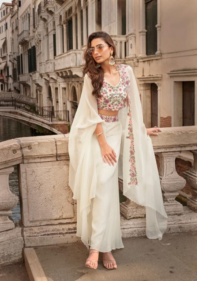 white Zari Work Silk Indo Western Set - Indya