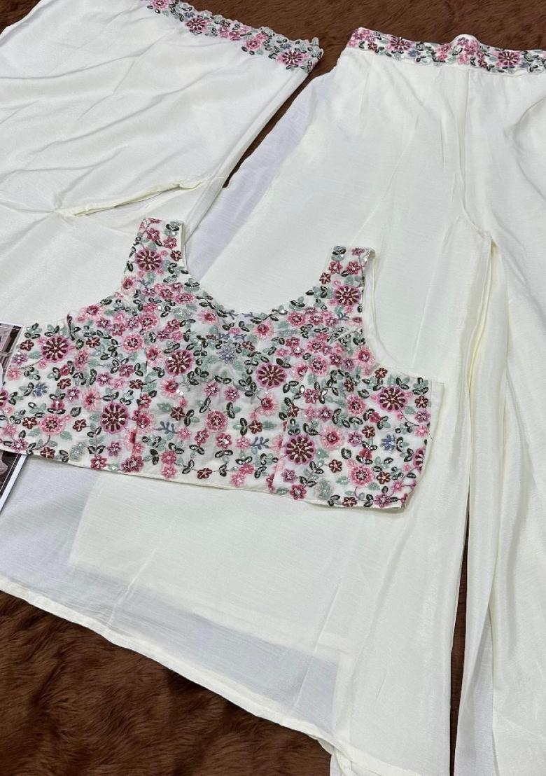 white Zari Work Silk Indo Western Set - Indya
