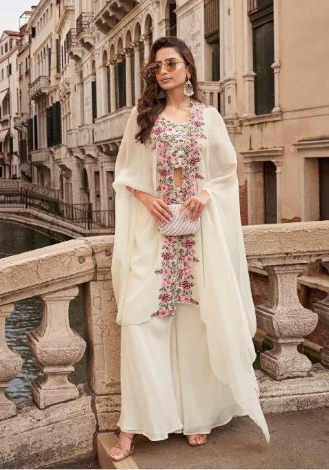 white Zari Work Silk Indo Western Set