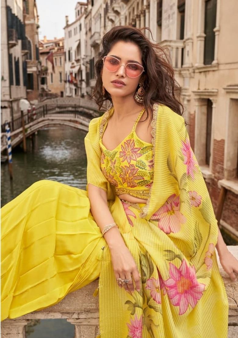 yellow Zari Work Silk Indo Western Set - Indya