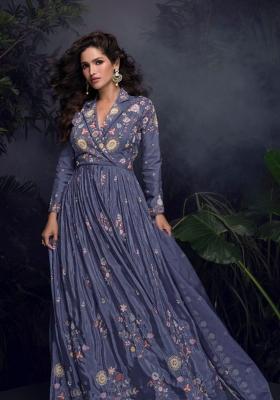 dark lavender Zari Work Silk Blend Anarkali With Dupatta