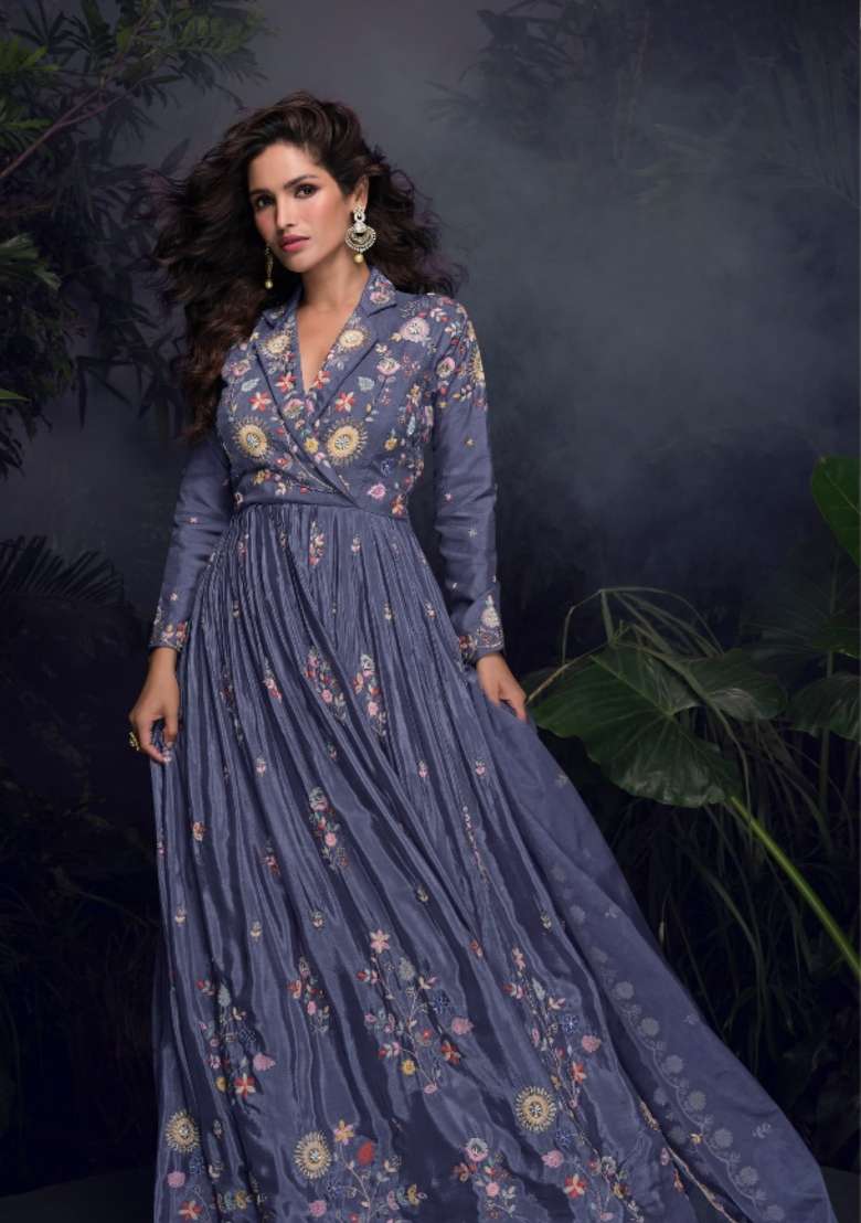 dark lavender Zari Work Silk Blend Anarkali With Dupatta - Indya