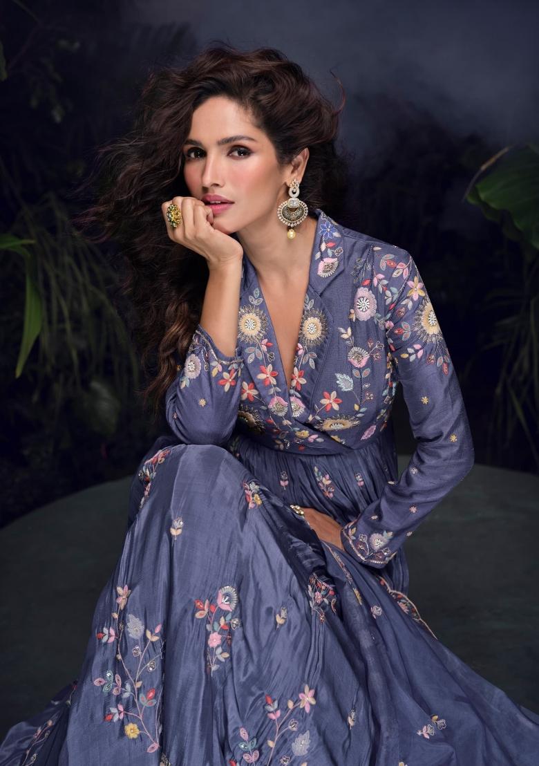 dark lavender Zari Work Silk Blend Anarkali With Dupatta - Indya