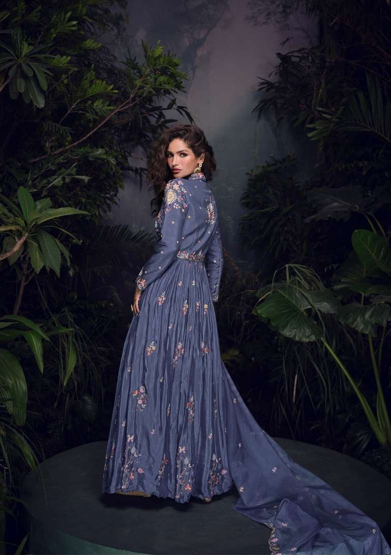 dark lavender Zari Work Silk Blend Anarkali With Dupatta - Indya