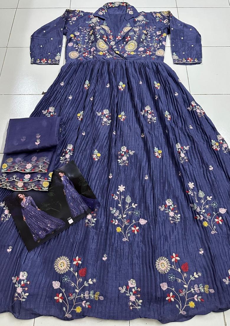 dark lavender Zari Work Silk Blend Anarkali With Dupatta - Indya