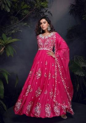 hot pink Zari Work Silk Blend Anarkali With Dupatta