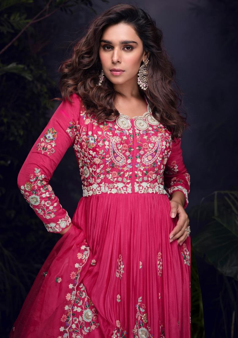 hot pink Zari Work Silk Blend Anarkali With Dupatta - Indya