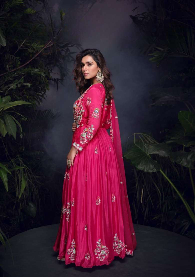 hot pink Zari Work Silk Blend Anarkali With Dupatta - Indya