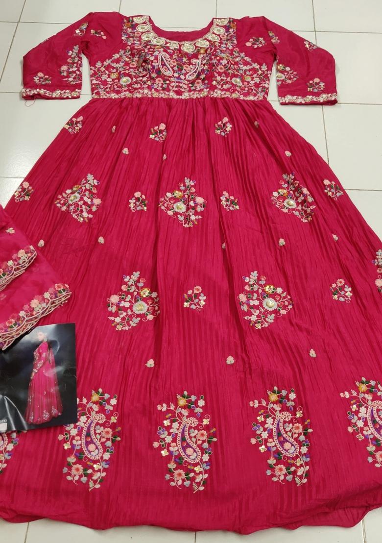 hot pink Zari Work Silk Blend Anarkali With Dupatta - Indya