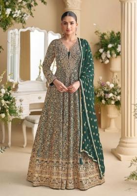 dark green Zari Work Georgette Anarkali With Dupatta