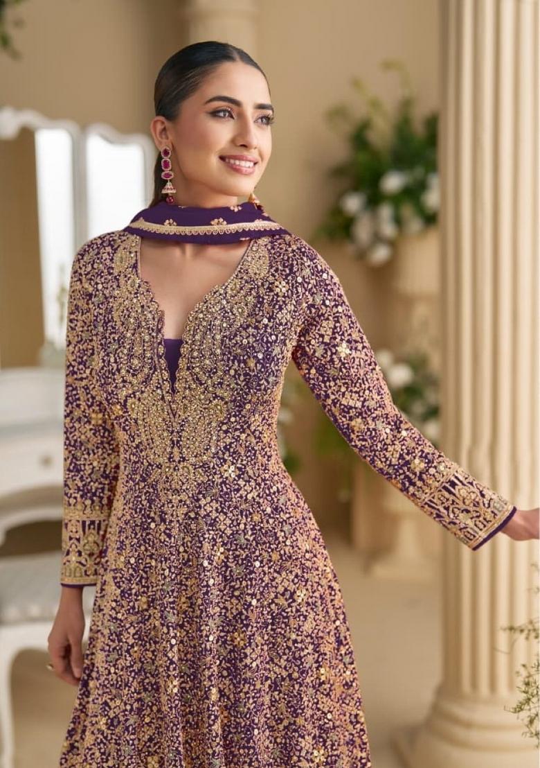 violet Zari Work Georgette Anarkali With Dupatta - Indya
