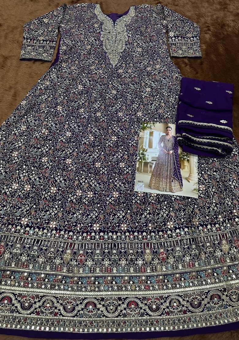 violet Zari Work Georgette Anarkali With Dupatta - Indya