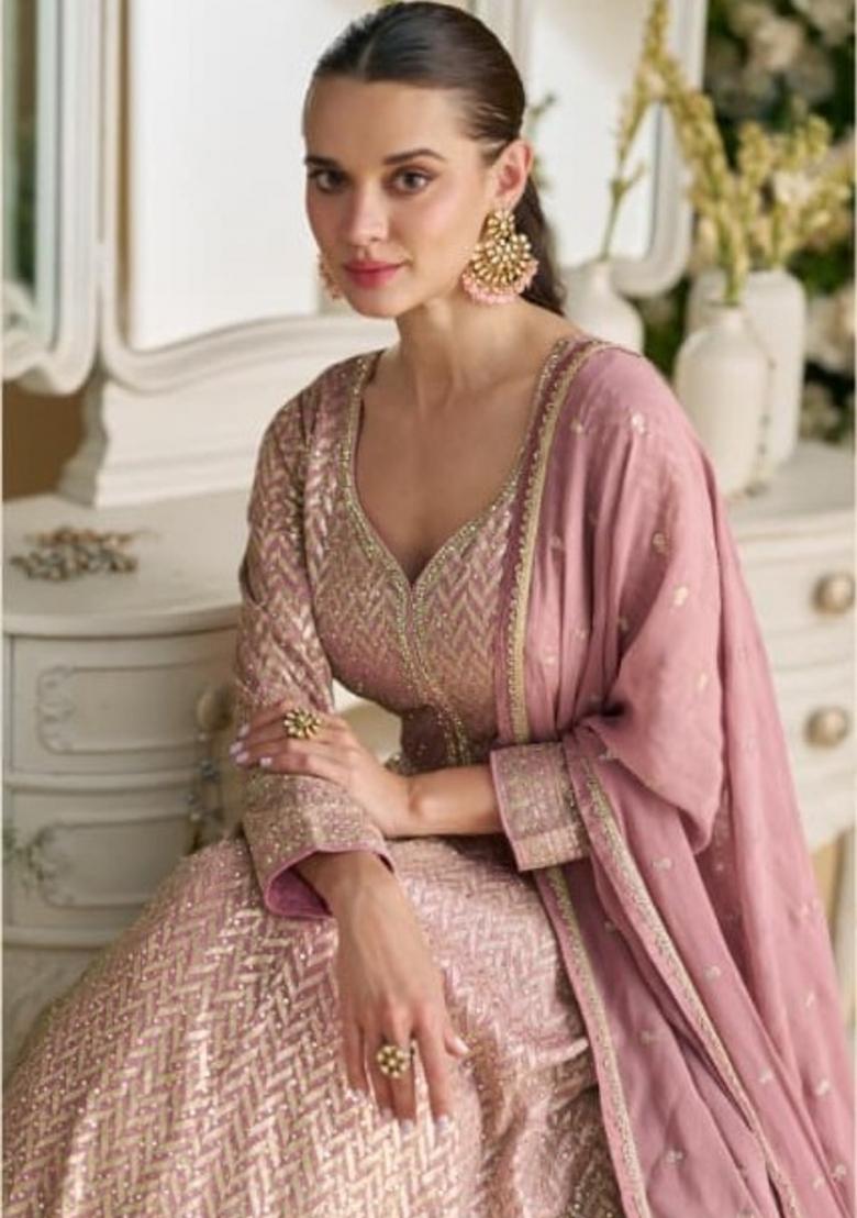 purple Zari Work Georgette Anarkali With Dupatta - Indya