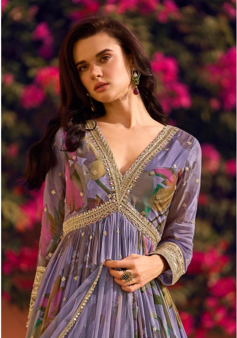 Purple Zari Work Silk Blend Anarkali With Dupatta - Indya