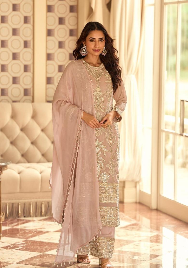 peach Zari Work Georgette Salwar Kameez - Indya