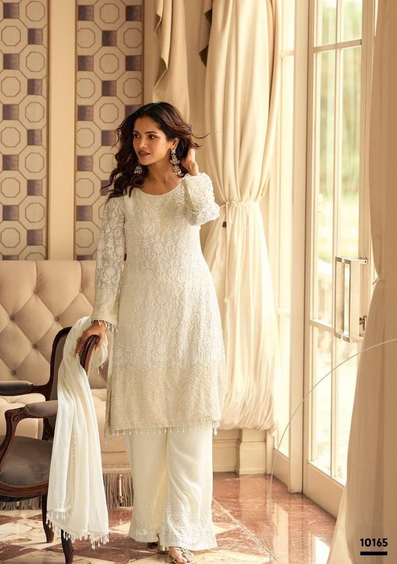 white Zari Work Georgette Salwar Kameez - Indya